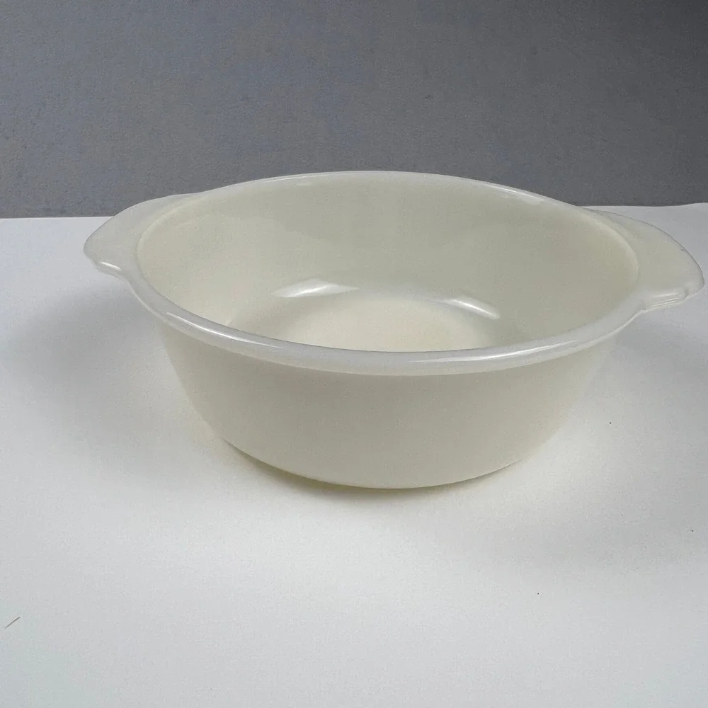 Vintage Milk Glass Casserole Dish 7.25in White Round Handled Ovenware MCM